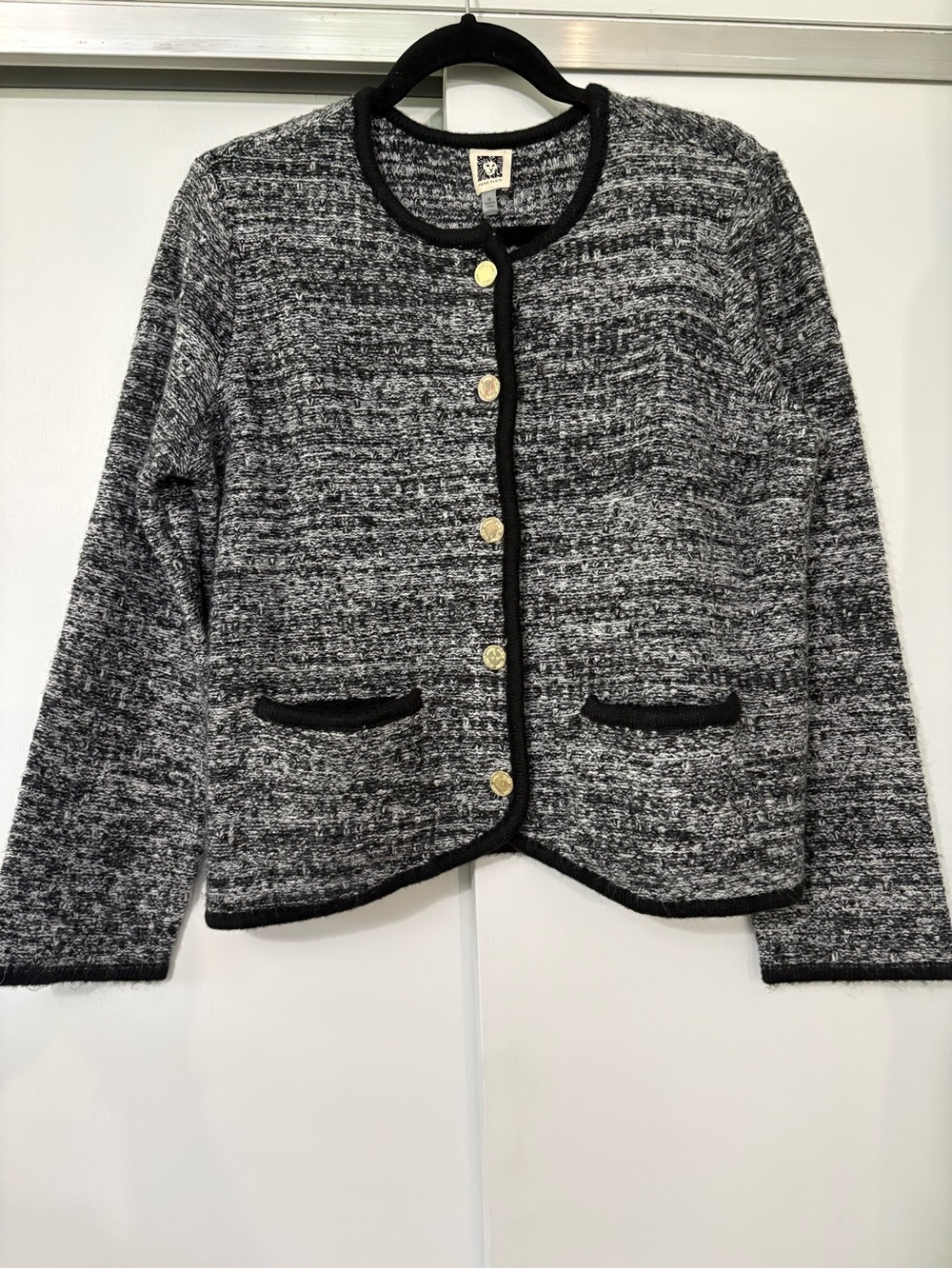 NWT Anne Klein Medium Black & White Tweed Button Front Cardigan Blazer